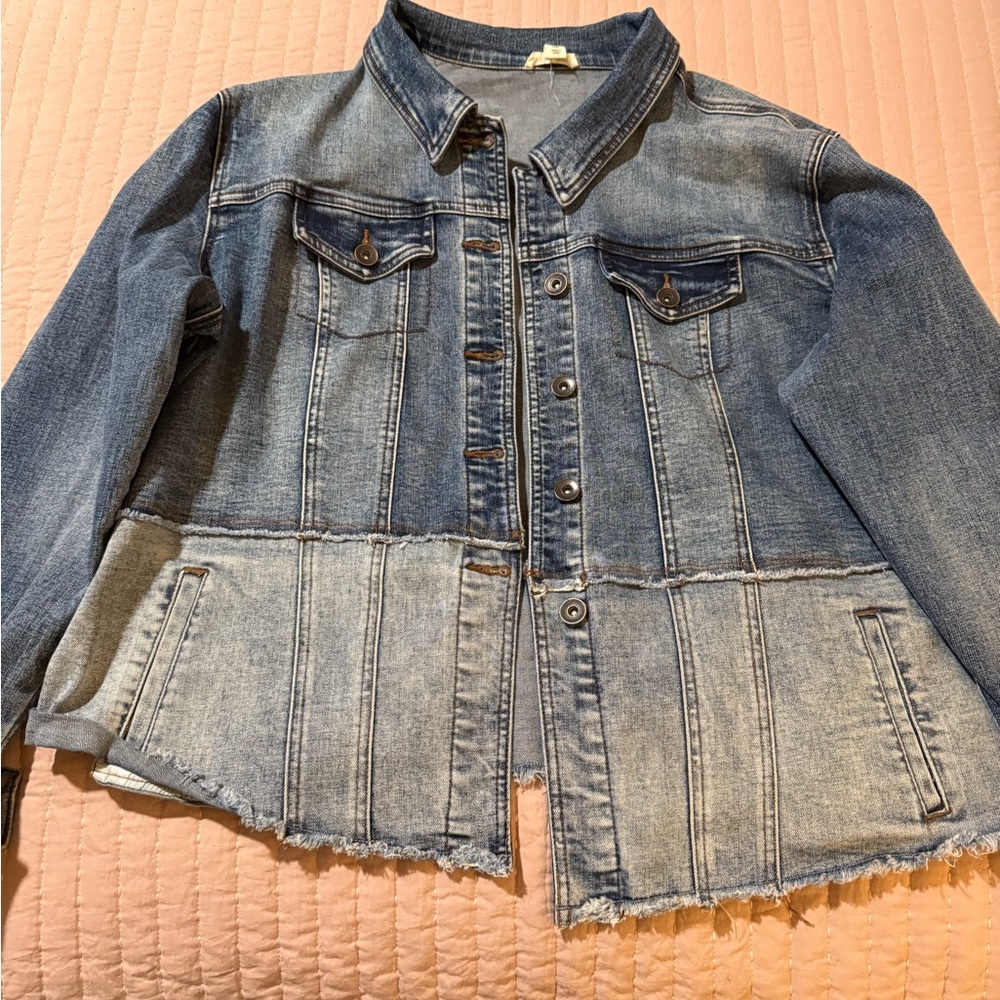 Tribal Blue Jean Jacket with Two-Tone Patchwork Design